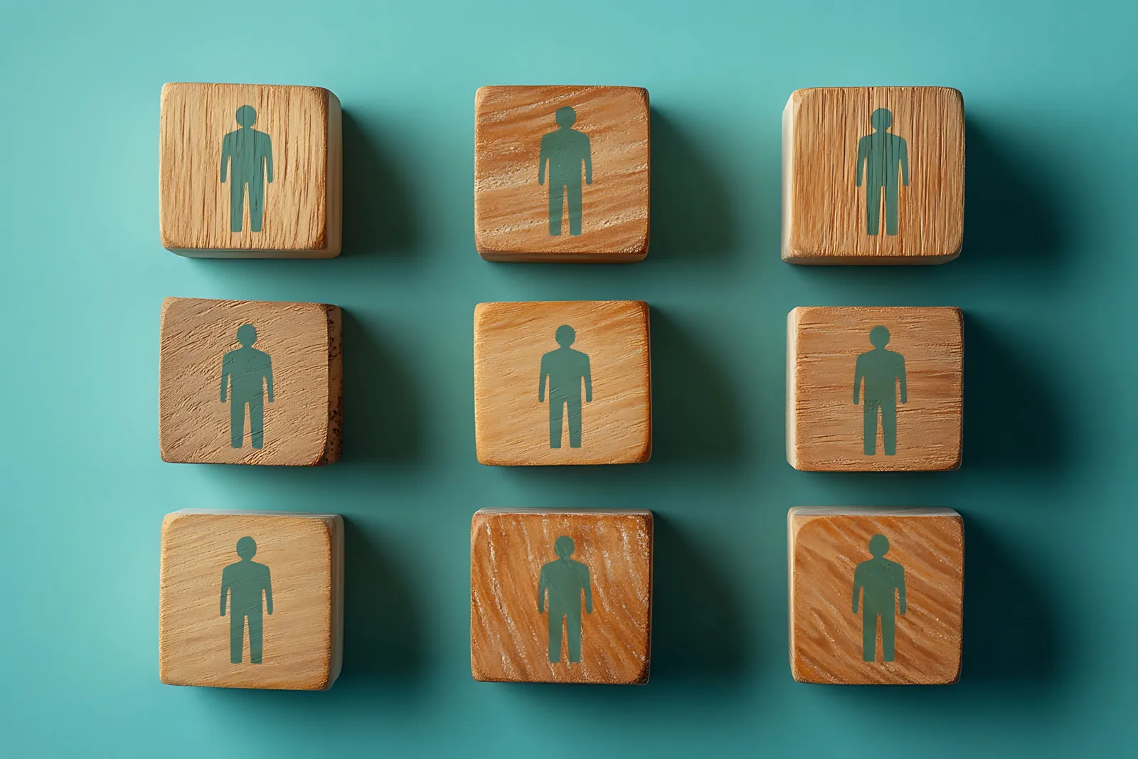 Neun hölzerne Kästchen stehen in dreier Reihen nebeneinander. Darauf sind Symbole von Personen abgebildet.